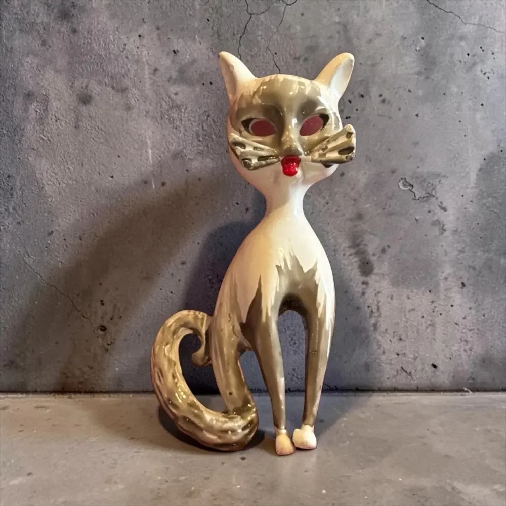 Vintage White Enamel Mod Cat Brooch Red Nose Mid Century Atomic Kitty Pin
